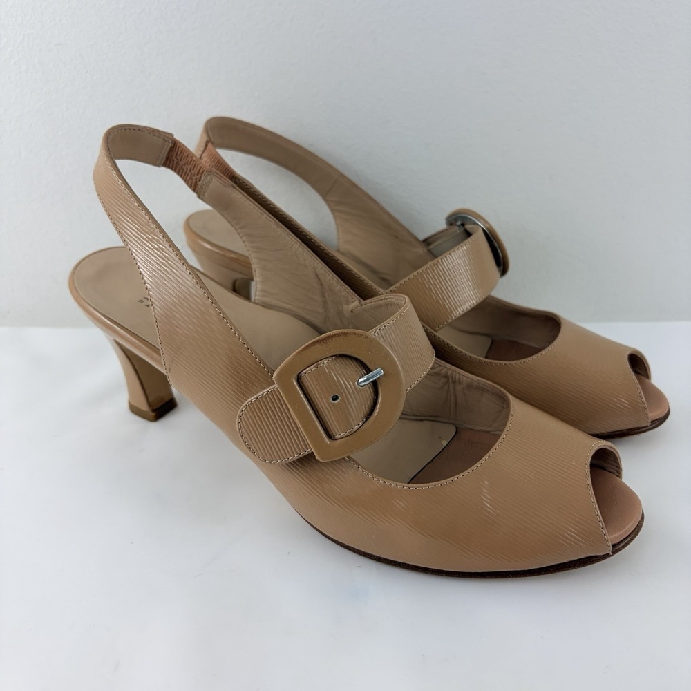 ANYI LU Women 38.5 Nude Beige Patent Leather Peep Toe Slingback Heels Italy